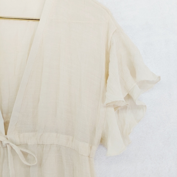 IMAGE Cream Polyester Ruffle Short Sleeve Front Tie Long V Neck Midi Dress 3766 - Picture 5 of 9